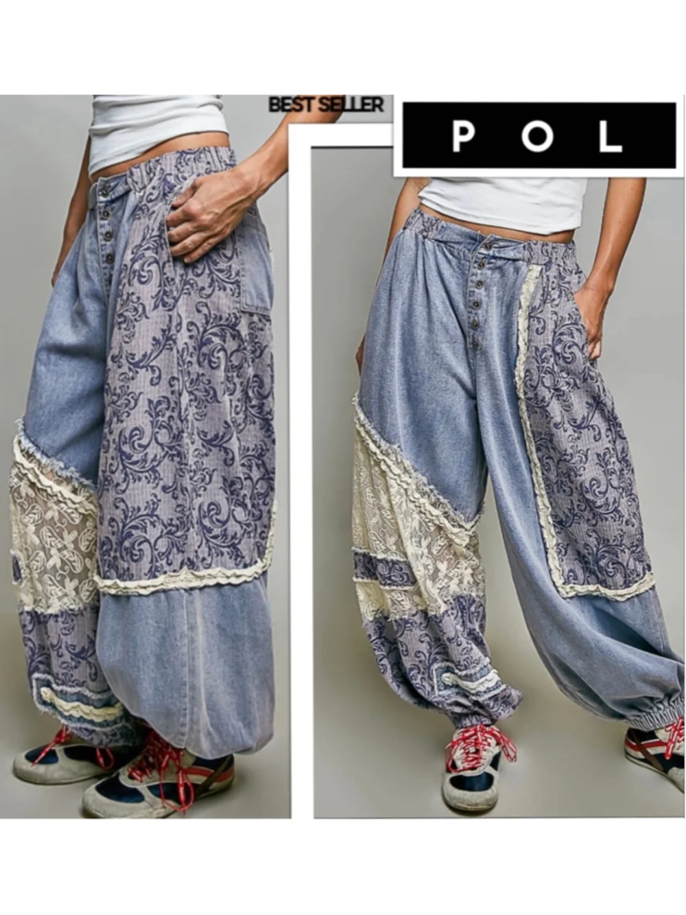 NEW Pol Free People Style Lace Patchwork Embroidery Denim Baggy Pants size S M L